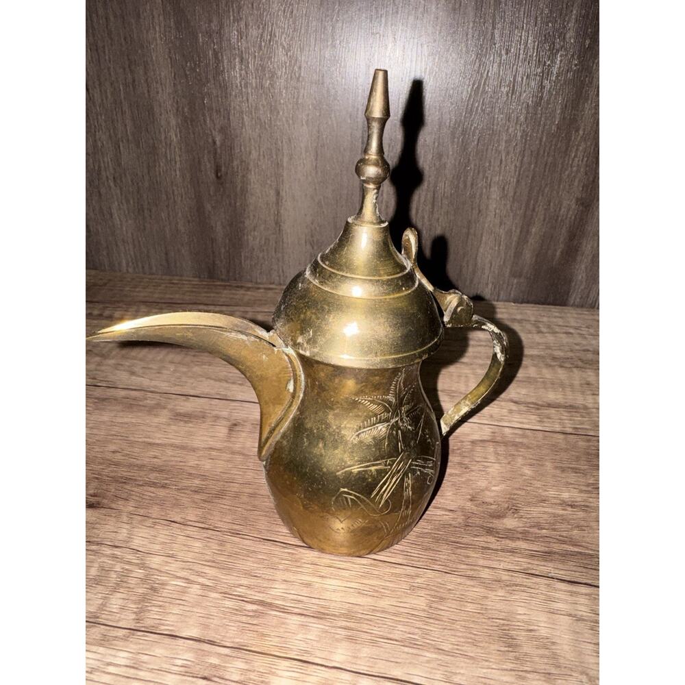 Vintage Dallah Coffee Pot Brass Arabic India Middle Eastern Hinged Teapot